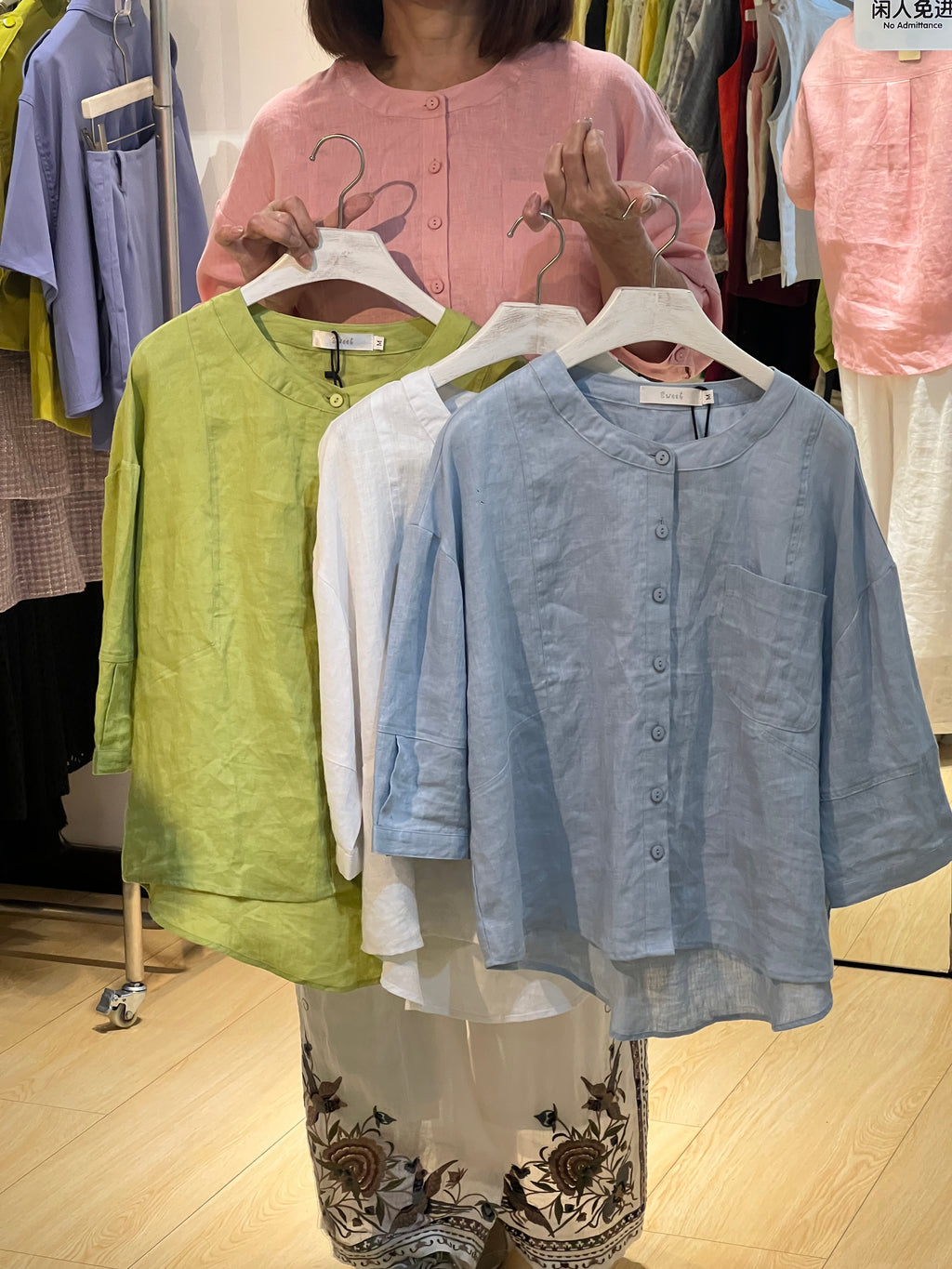 Three-Quarter Sleeve Linen Button Top