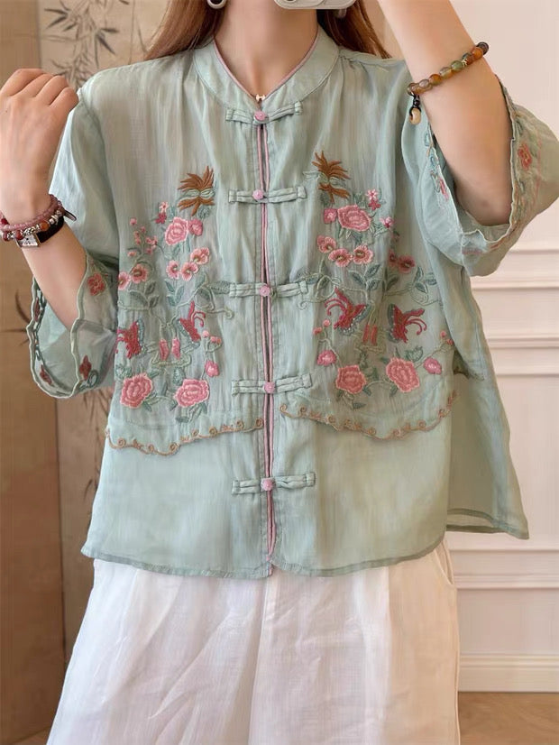 Floral Embroidered Mandarin Top