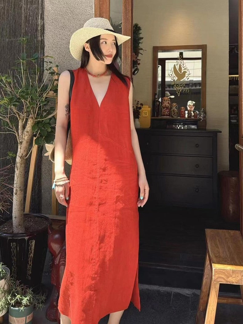 Classic V-Neck Linen Dress